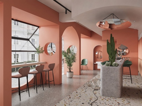 侘寂奶茶店 咖啡厅 吧台桌椅 前台操作台su模型