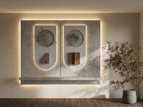 侘寂风立体墙饰挂件  盆栽su模型