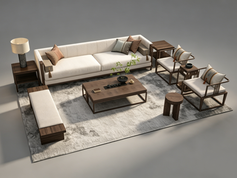 新中式客厅沙发组合su模型