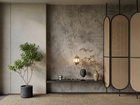 侘寂花瓶花艺_陶罐_屏风 陈设品_插花_植物  玄关  佛头 端景su模型