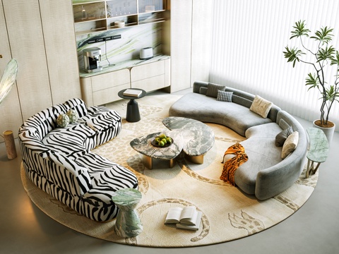 现代弧形沙发茶几组合 意式沙发茶几组合 意式客厅沙发 单椅su模型