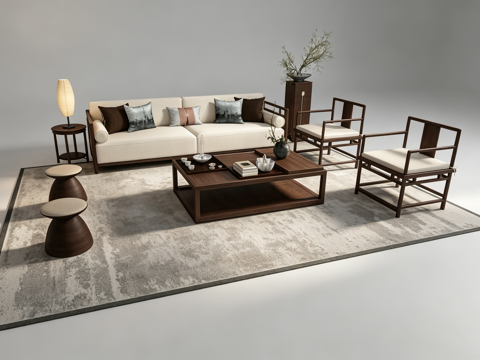 新中式客厅组合沙发su模型