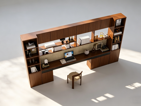 现代简约一体化书房组合 深棕色木质  书架储物柜 网格背板3d模型