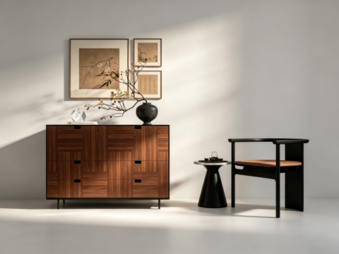 中古风装饰柜休闲单椅su模型