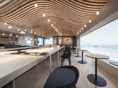 现代咖啡厅 奶茶甜品店 吧台吧椅su模型