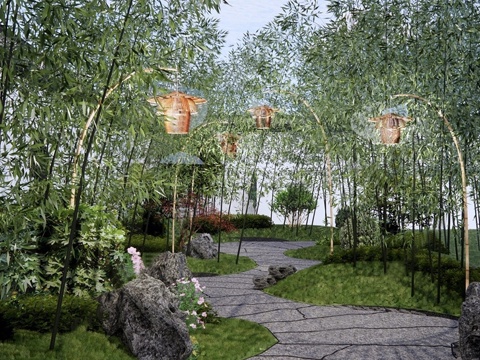 新中式住宅小区景观 竹林夹道 竹灯 宅间林下空间 中式园路su模型