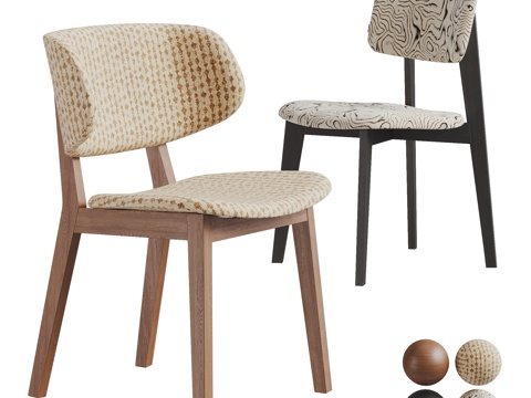 中古风单椅组合 餐椅 北欧单椅 休闲椅 书椅 软包靠背 实木su模型