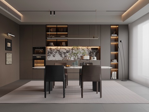 现代意式餐厅 餐桌椅 意式酒柜su模型