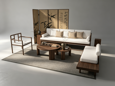 新中式客厅沙发组合su模型