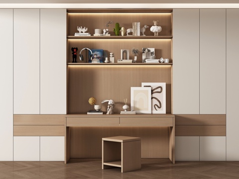 现代原木书房 书桌椅组合 储物柜书柜su模型