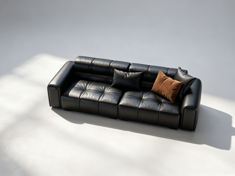 现代简约黑色皮质沙发 带方格纹理纽扣装饰 三人位 客厅家具3d模型