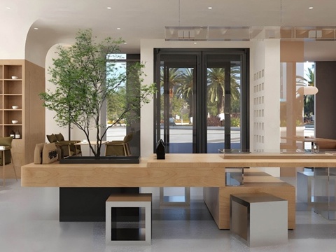 现代咖啡厅 奶茶甜品店 咖啡桌椅组合 吧台su模型