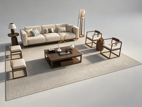 新中式客厅沙发组合su模型