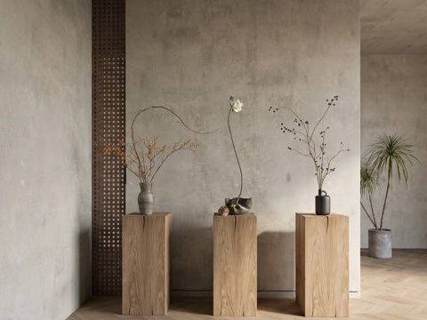 侘寂花瓶花艺_陶罐_陈设品_插花_植物  玄关  端景su模型