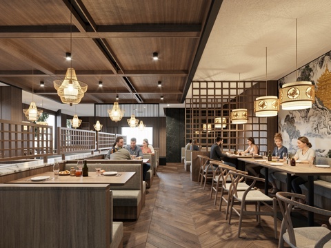 现代中式中餐厅_餐饮空间_餐厅家具_饭馆su模型