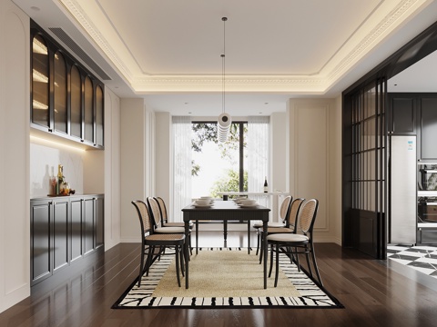 法式餐厅 餐桌椅 酒柜su模型