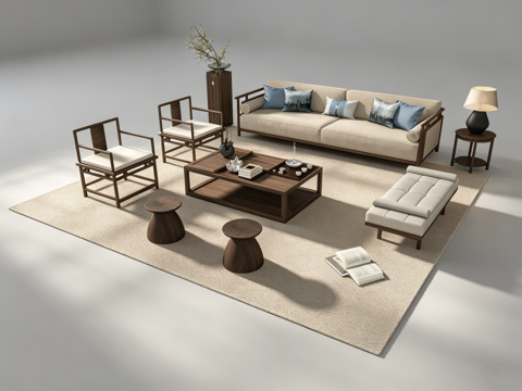 新中式客厅沙发组合su模型