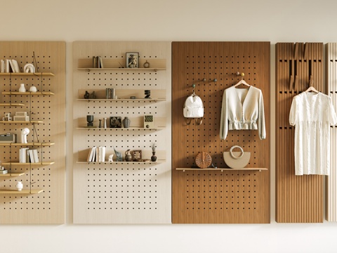 现代 洞洞板墙饰 挂衣钩 衣服 包包 书籍饰品 洞洞板书架su模型