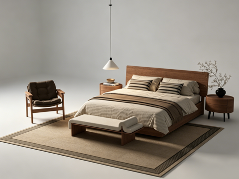 中古风双人床su模型