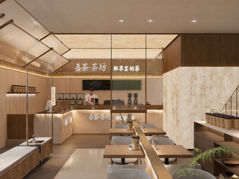 侘寂风奶茶店 咖啡厅 吧台操作台su模型