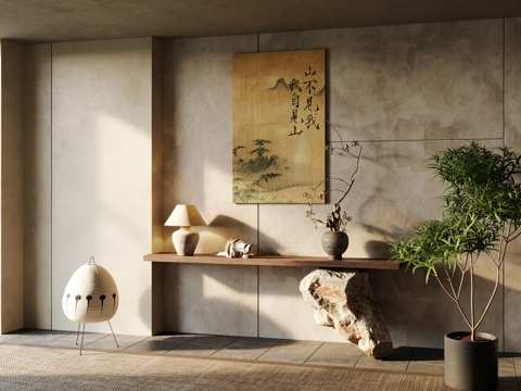 侘寂花瓶花艺_陶罐_陈设品_插花_植物  玄关  端景su模型