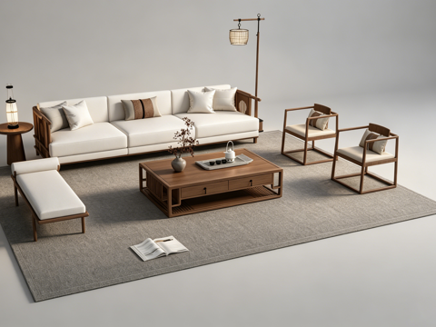 新中式客厅沙发组合su模型