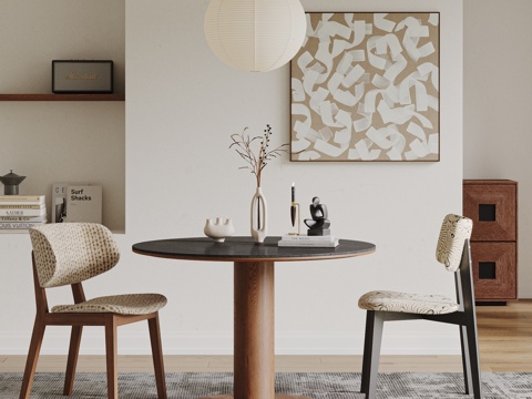 中古风餐桌椅 圆形餐桌椅 吊灯 餐椅 挂画 地毯 休闲桌椅su模型