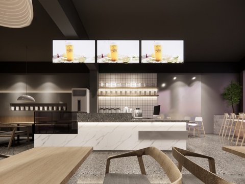 现代咖啡厅 奶茶甜品店 餐桌椅组合 吧台水吧台su模型