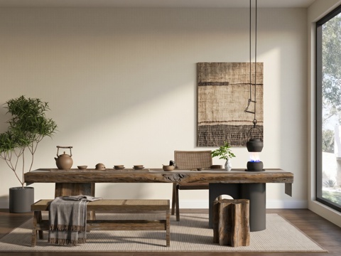 侘寂风茶室_茶桌椅组合_实木茶桌_茶具组合_挂画_茶台su模型