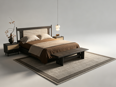 中古风双人床su模型