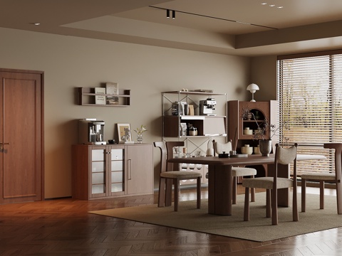 现代中古风餐厅 餐桌椅 餐边柜 置物柜su模型