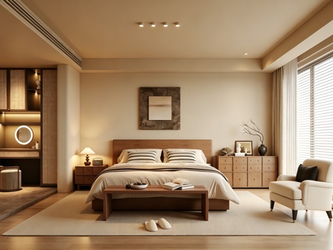 室内家装 卧室 家具 床 别墅 新中式 现代su模型