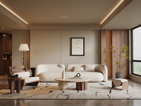 现代中古风客厅 沙发茶几组合 背景墙su模型