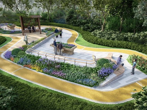 现代景观公园 老年康养小花园 适老化扶手 休闲座椅廊架su模型