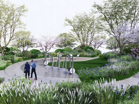 现代休憩花园公园 休憩花园 老年康养乐园 植物花境 植物组团su模型