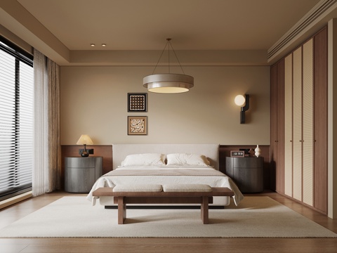 现代中古风卧室 双人床 衣柜 床头柜su模型