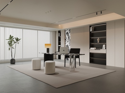 现代书房 书桌椅 书柜 置物柜su模型