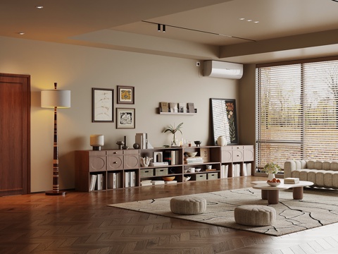 现代中古风客厅 沙发茶几组合 矮柜 书柜su模型