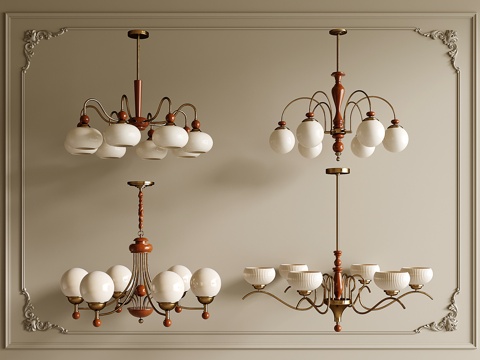 法式复古风吊灯 客厅主灯 卧室吊灯 木质金属吊灯su模型