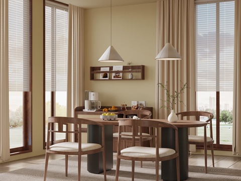 现代中古风餐厅 餐桌椅 餐边柜 置物架su模型
