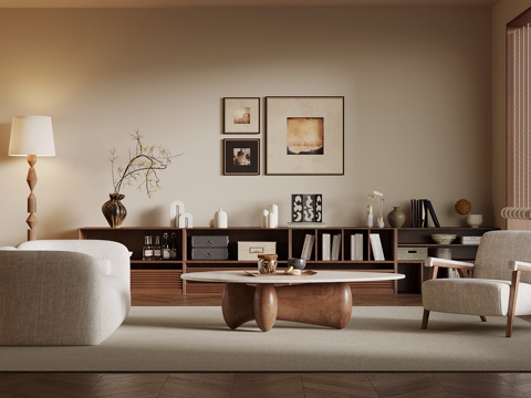 现代中古风客厅 沙发茶几组合 矮柜 书柜su模型