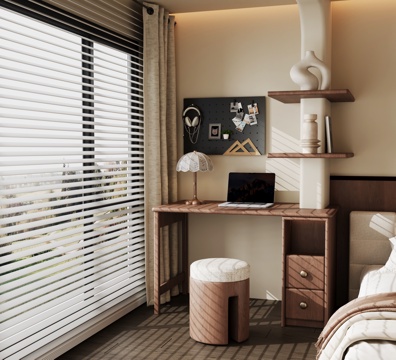 现代中古风书桌椅 洞洞板 摆件装饰su模型