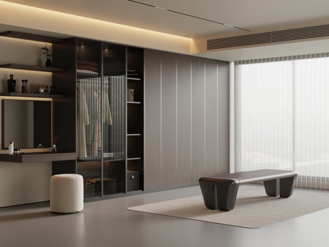 现代意式衣帽间 衣柜 梳妆台 换鞋凳su模型