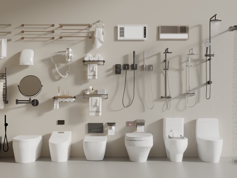 现代马桶 卫浴用品组合 毛巾架 花洒 折叠镜 喷头3d模型