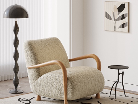 中古风毛绒单人沙发 休闲椅 沙发椅 单人沙发 边几 落地灯su模型