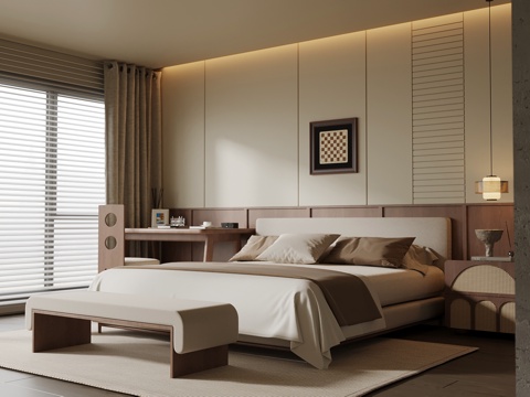 中古风卧室 双人床 书桌椅 床头柜 背景墙su模型