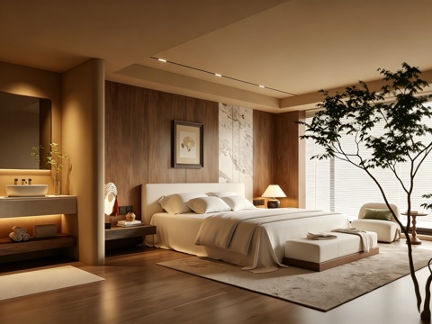 室内家装 卧室 家具 床 别墅 新中式 现代su模型