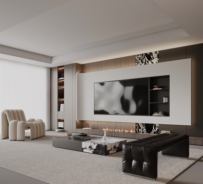 现代意式客厅 电视背景墙 沙发茶几组合su模型