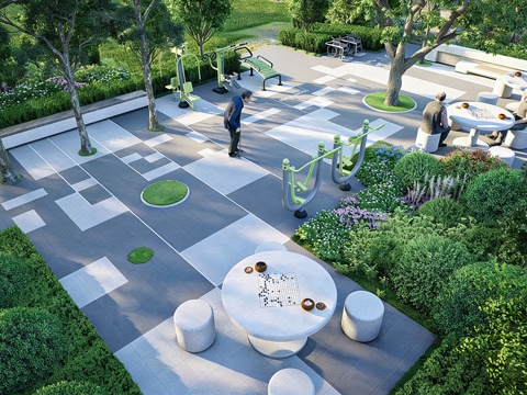 现代景观公园 老年康养 休闲座椅 棋牌区 小区住宅su模型