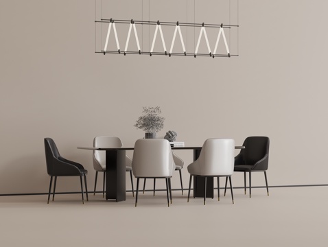 现代餐桌椅组合 现代长桌 休闲餐椅 皮质餐椅 现代吊灯su模型